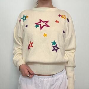 Vintage Meister Cream Knit Sweater w/ Rainbow Star Embroidery